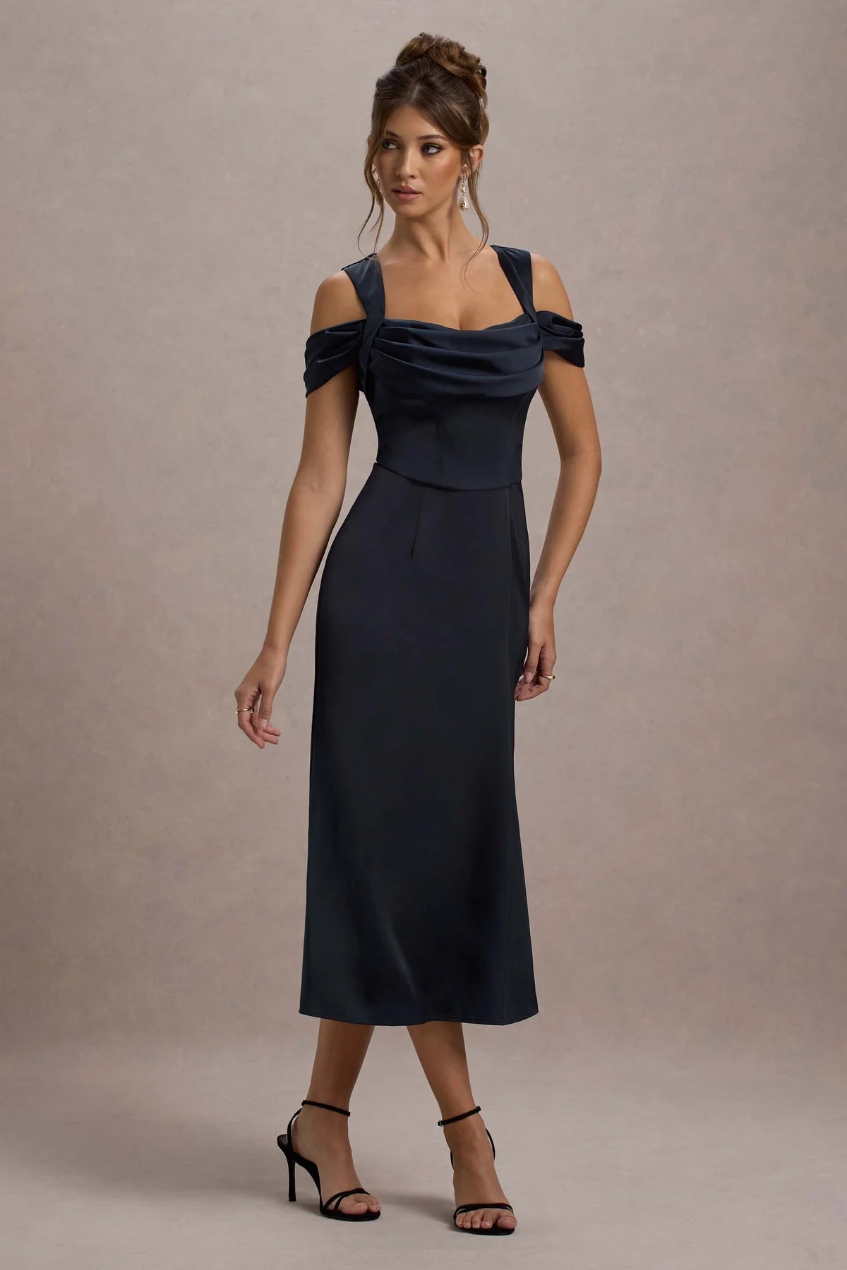 Navy Satin Draped Midi Dress