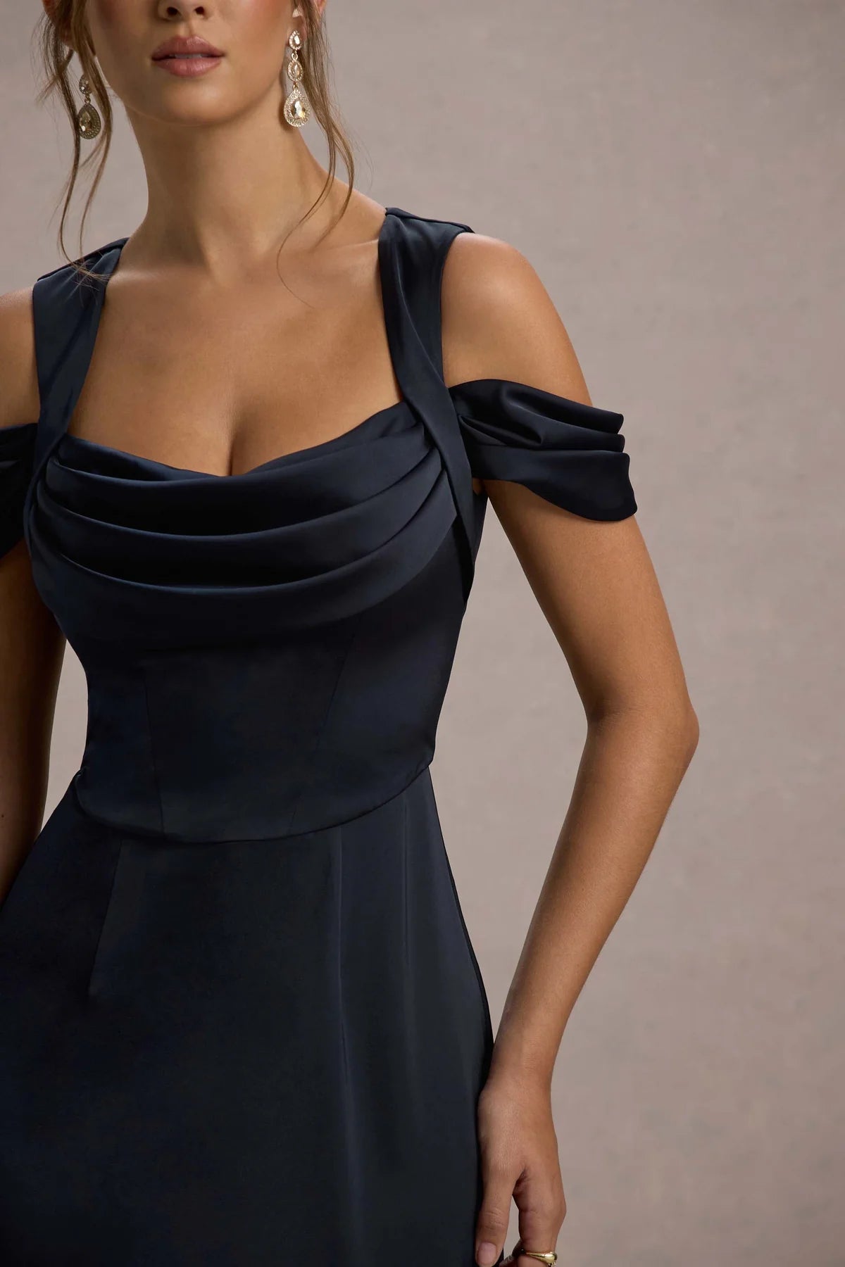 Navy Satin Draped Midi Dress