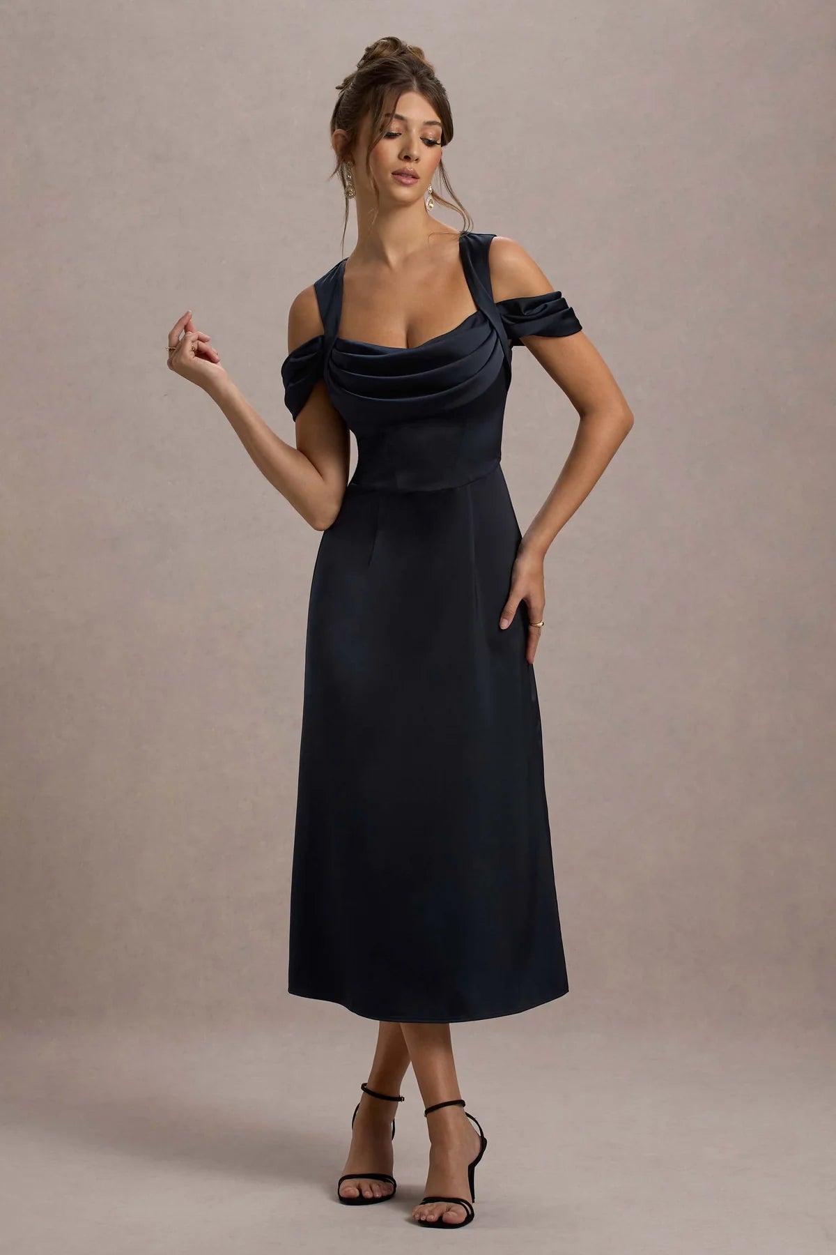 Navy Satin Draped Midi Dress