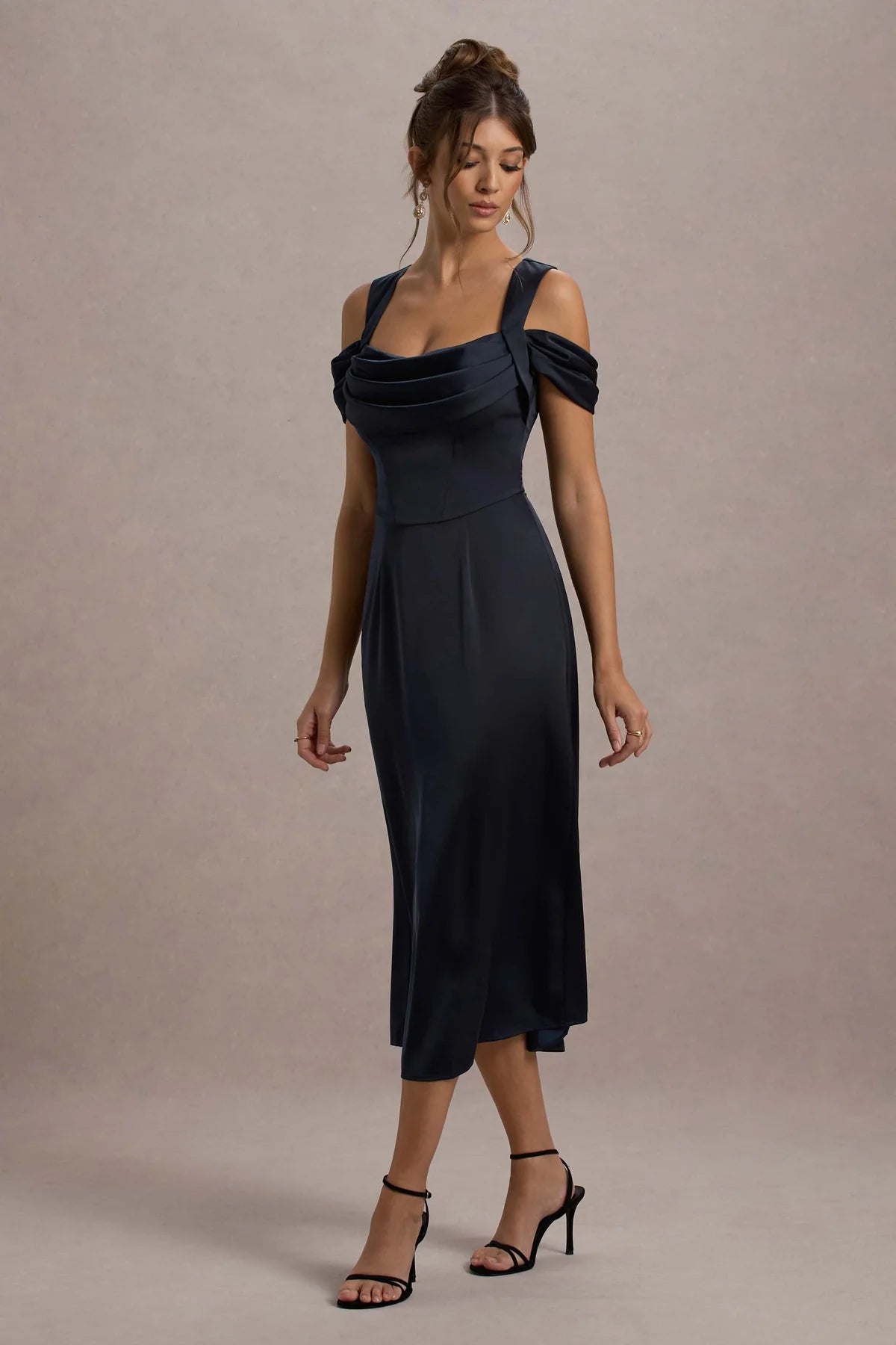 Navy Satin Draped Midi Dress