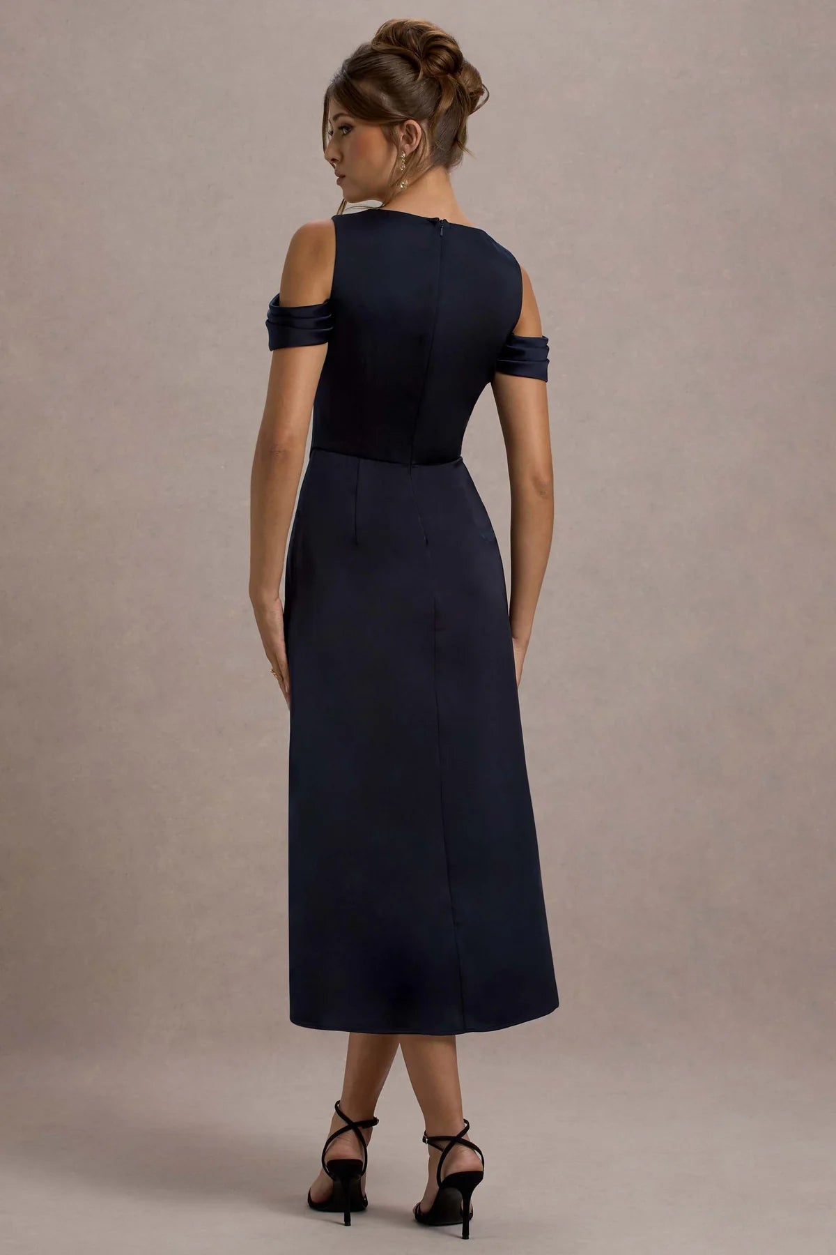 Navy Satin Draped Midi Dress