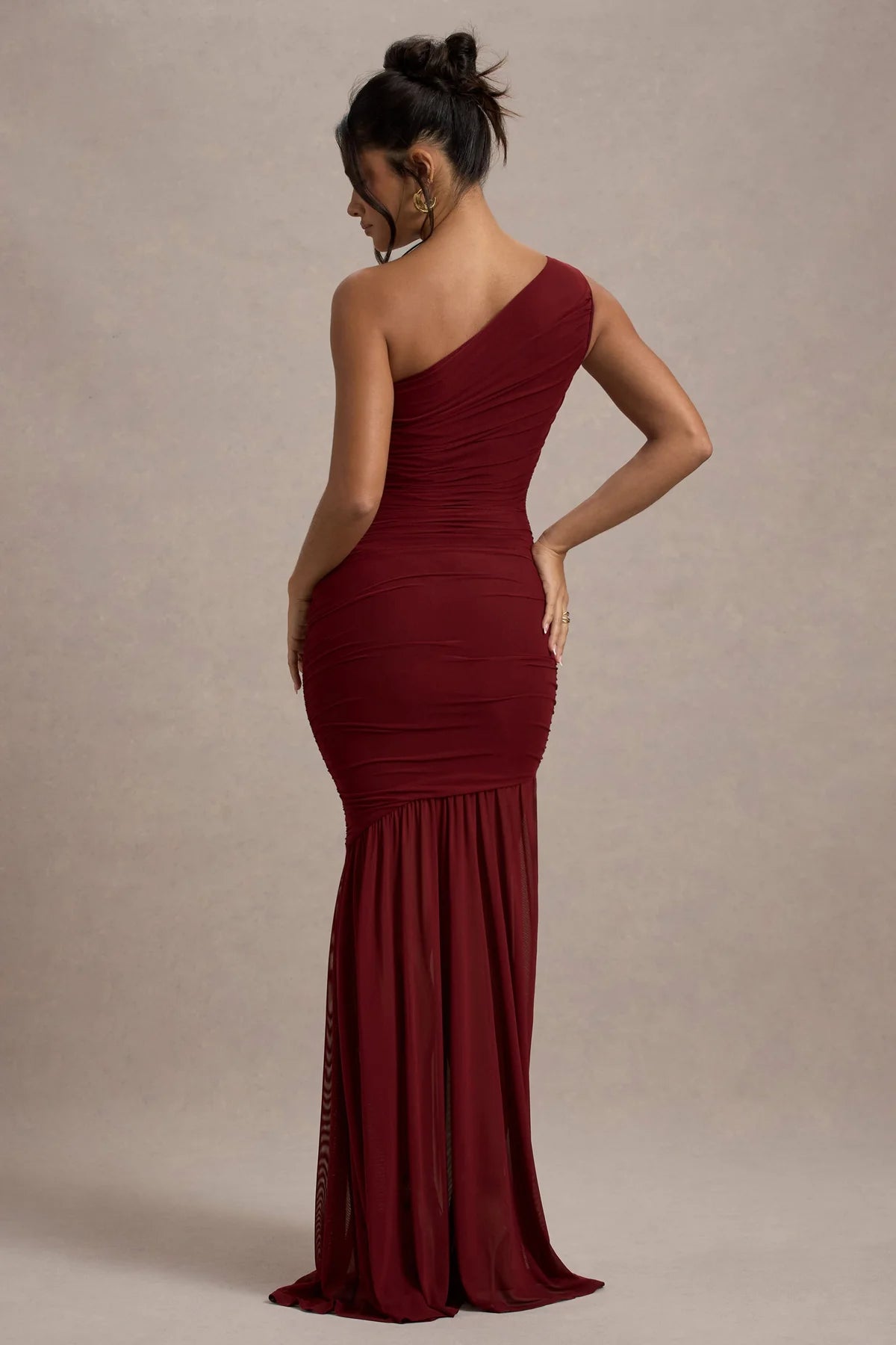 Burgundy Ruched Mesh Asymmetric Maxi Dress