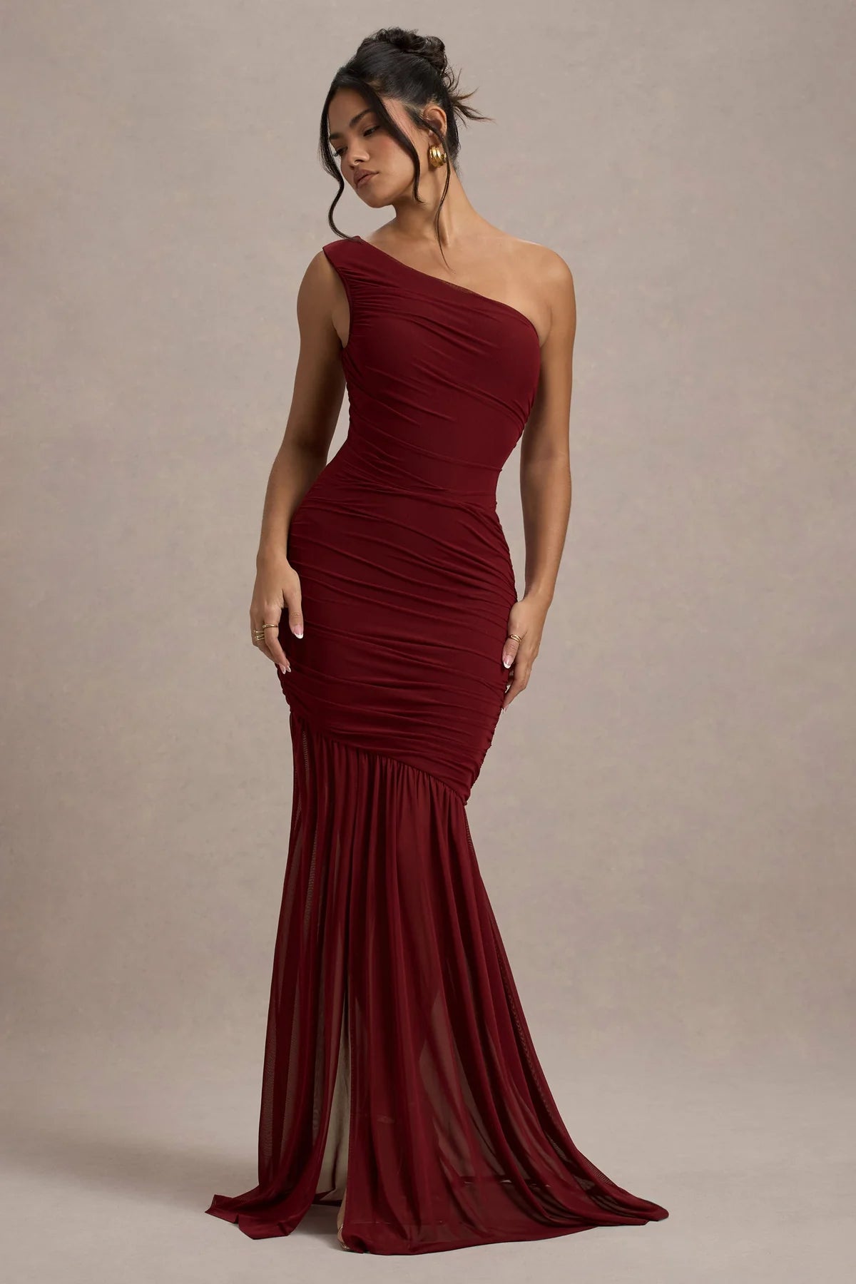 Burgundy Ruched Mesh Asymmetric Maxi Dress