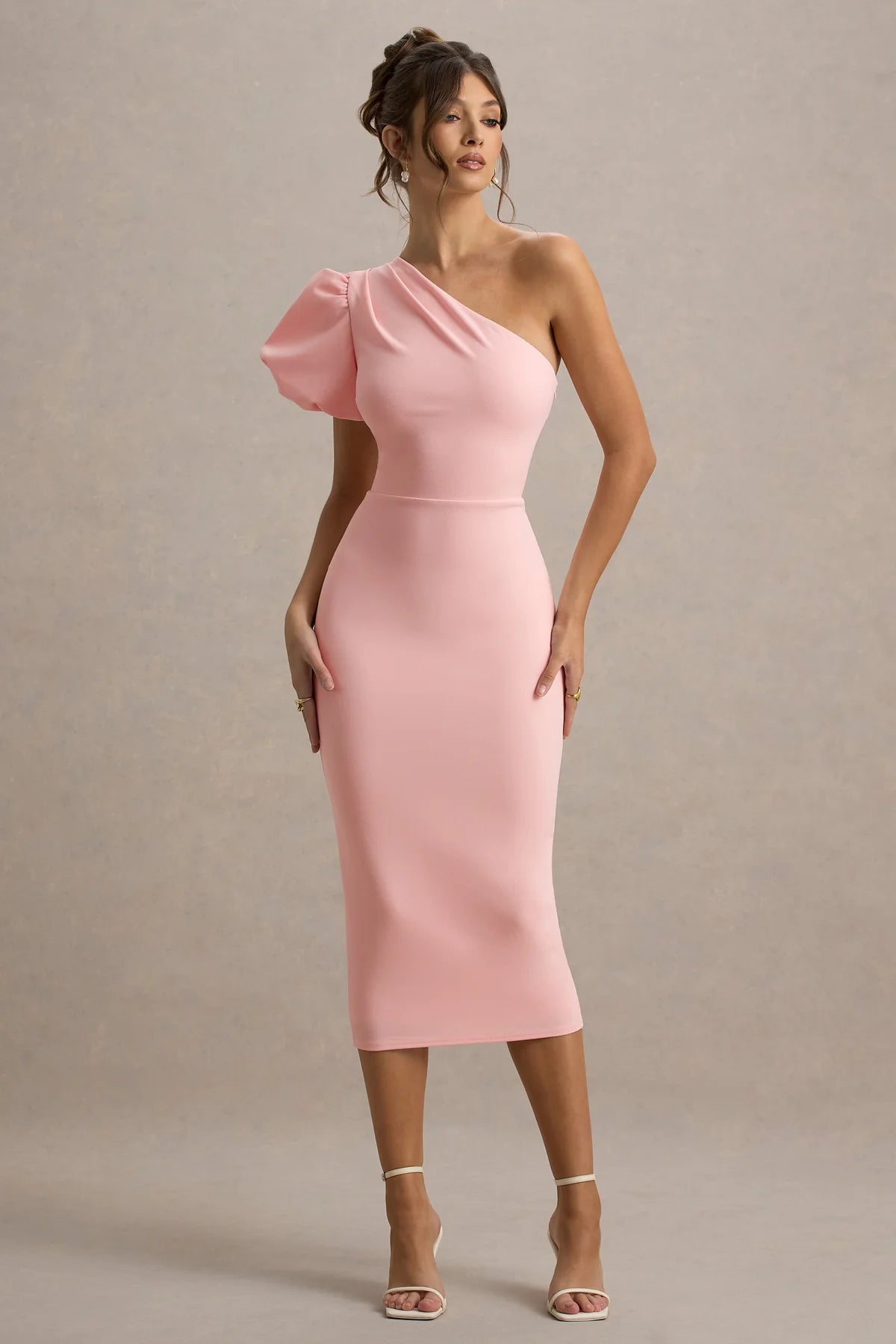 Pink Asymmetric Puff-Sleeve Midi Dress