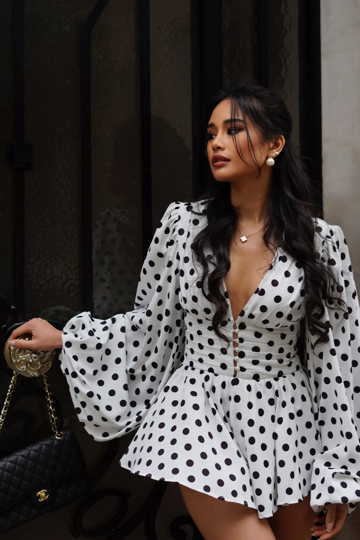 White Polka Dot V-Neck Balloon Sleeve Playsuit