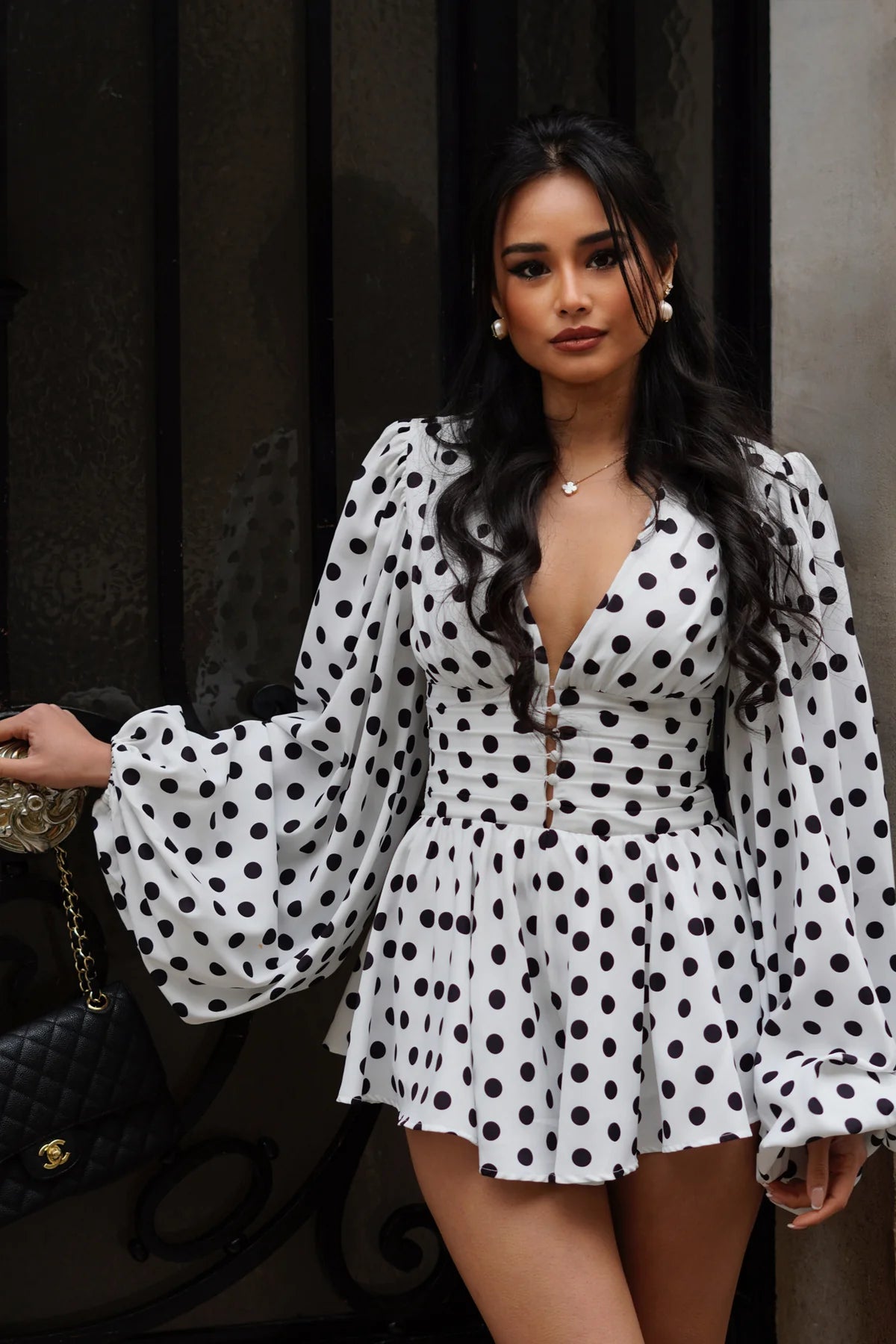 White Polka Dot V-Neck Balloon Sleeve Playsuit