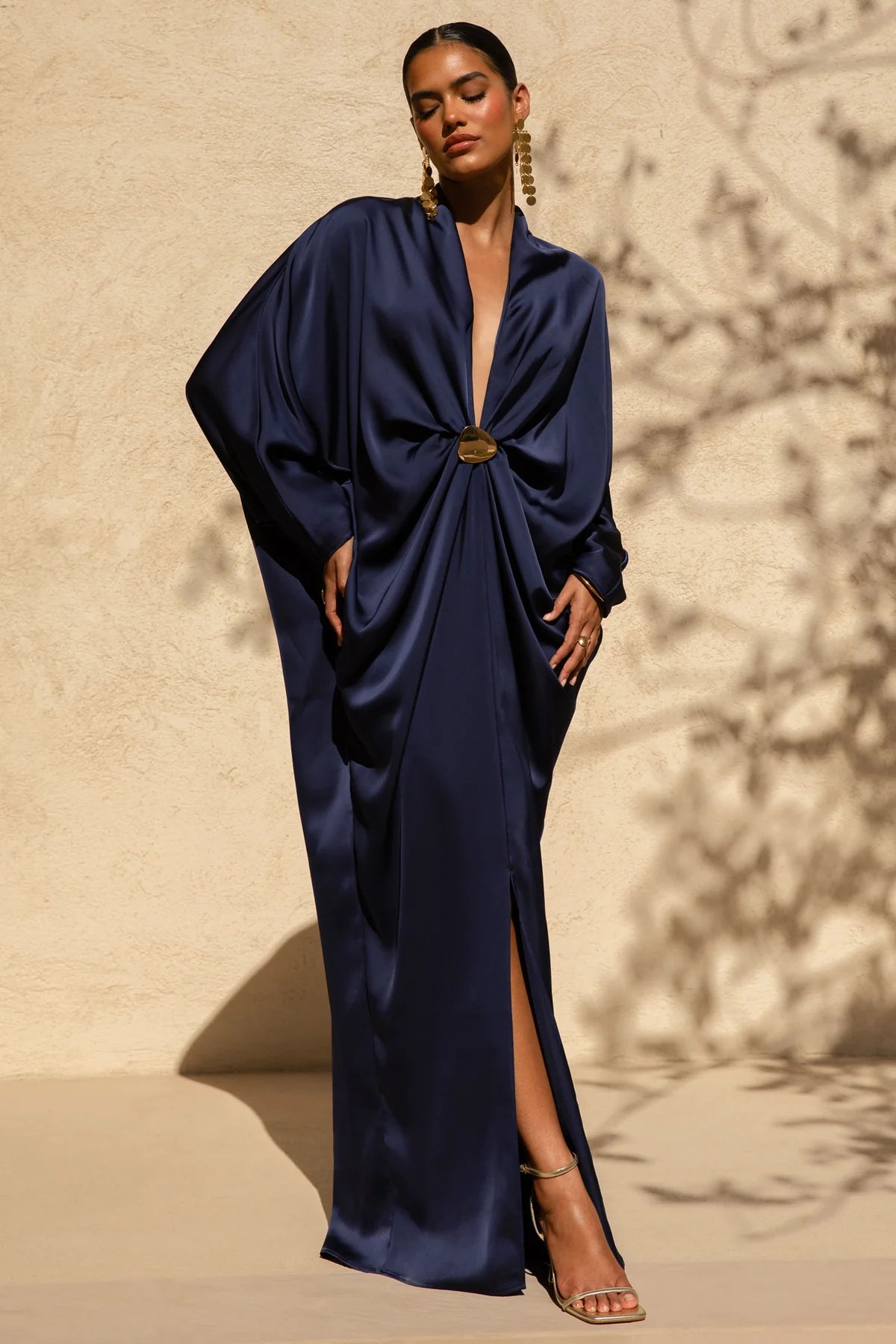 Navy Satin Plunge-Neck Embellished Maxi Dress