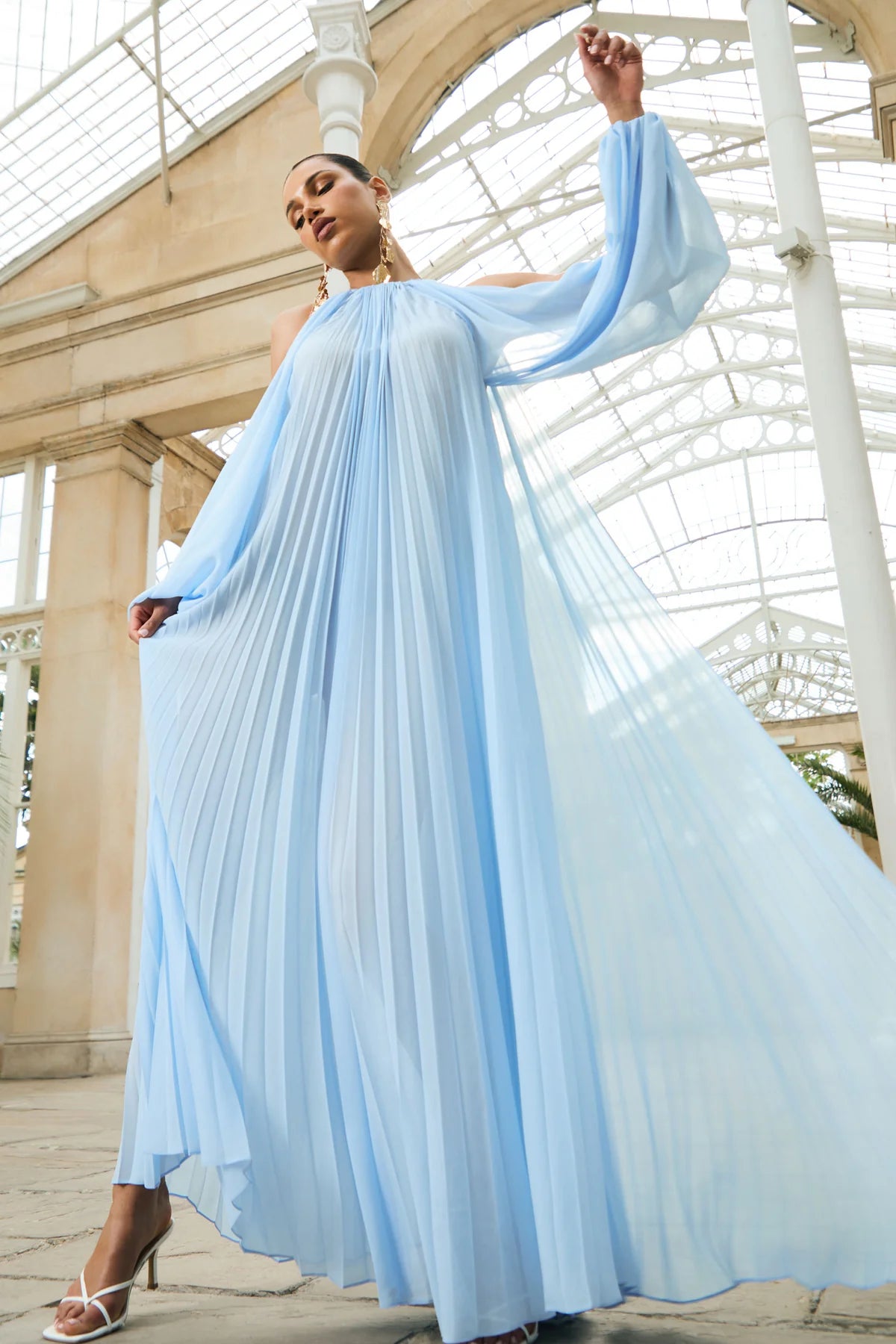 Pleated Chiffon Cold-Shoulder Maxi Dress