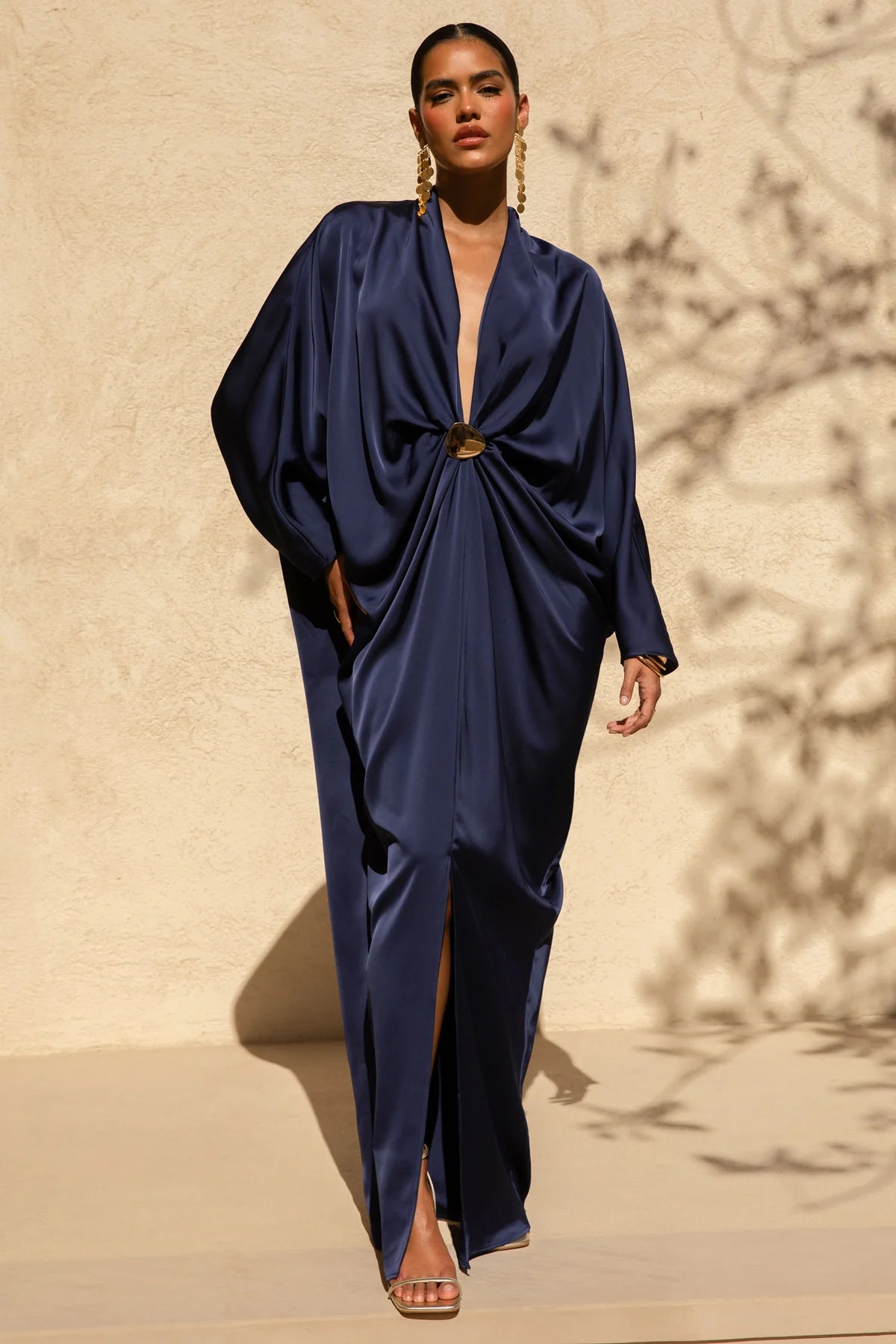 Navy Satin Plunge-Neck Embellished Maxi Dress