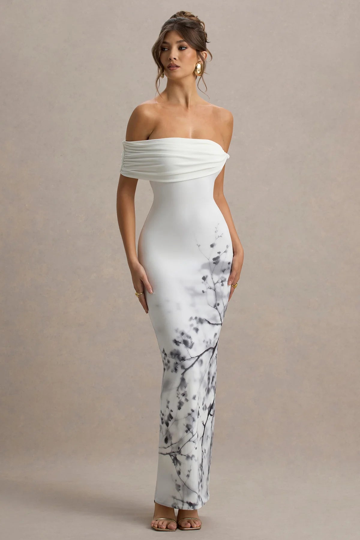 White Print Twisted Bardot Maxi Dress
