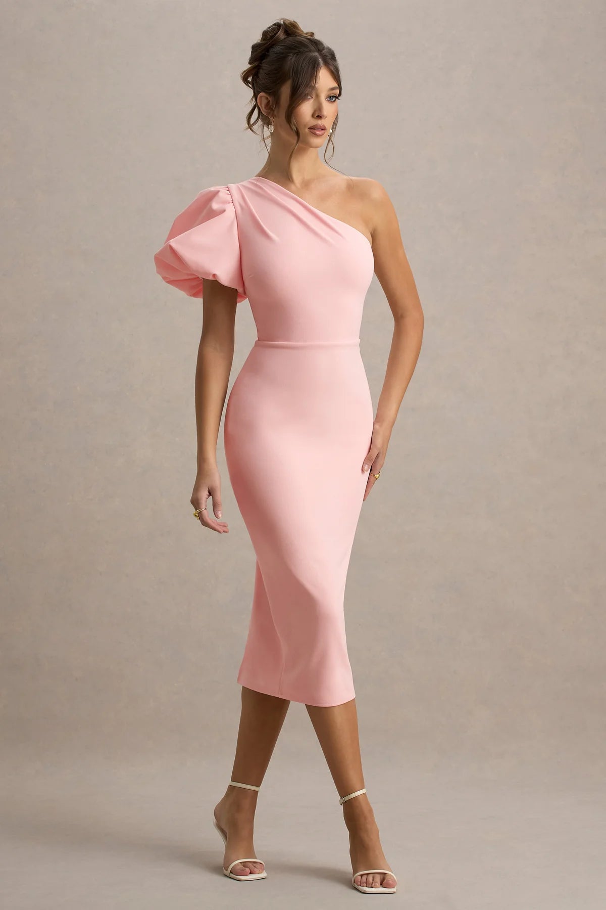 Pink Asymmetric Puff-Sleeve Midi Dress