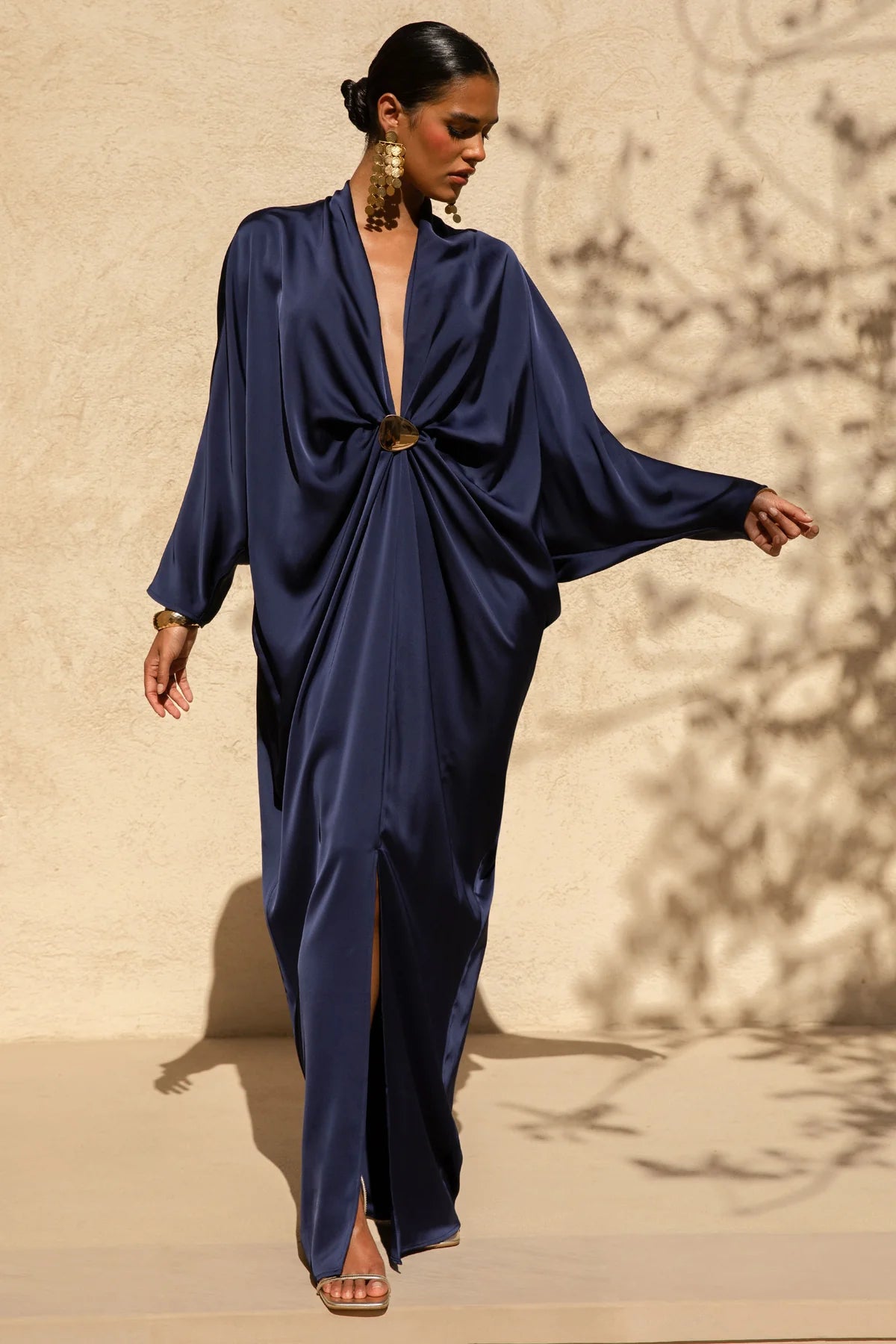 Navy Satin Plunge-Neck Embellished Maxi Dress