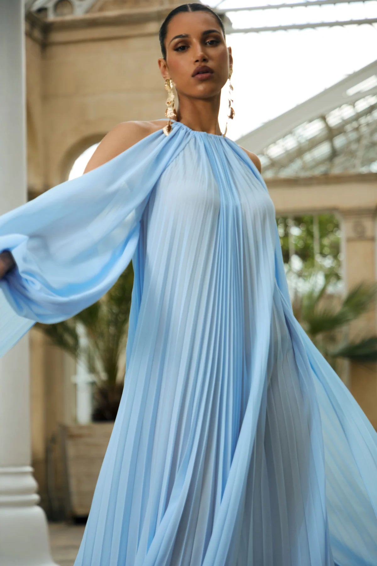 Pleated Chiffon Cold-Shoulder Maxi Dress
