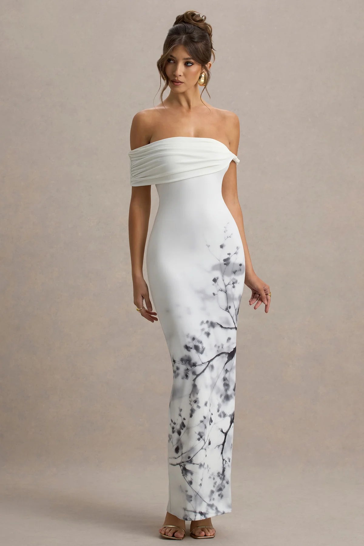 White Print Twisted Bardot Maxi Dress