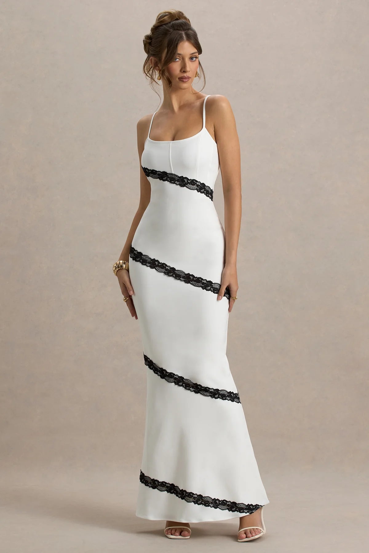 White & Black Strappy Lace-Trimmed Maxi Dressv