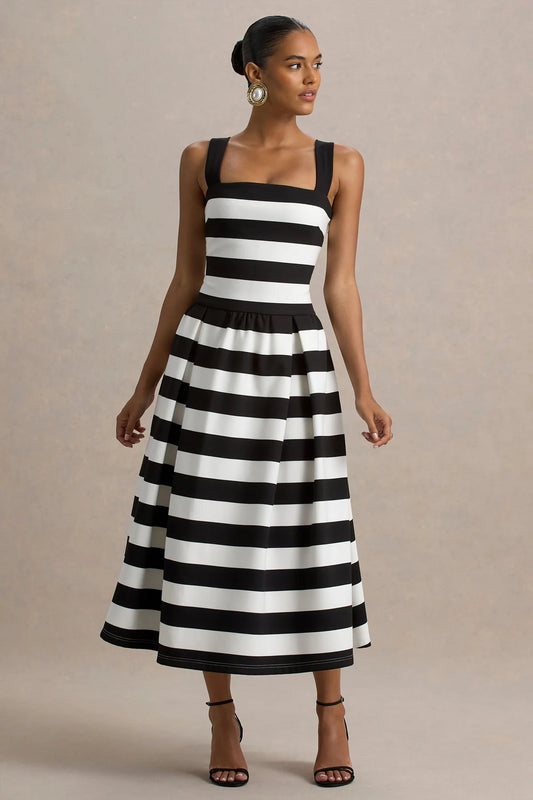 Black & White Striped Square-Neck Drop-Waist Midi Dress