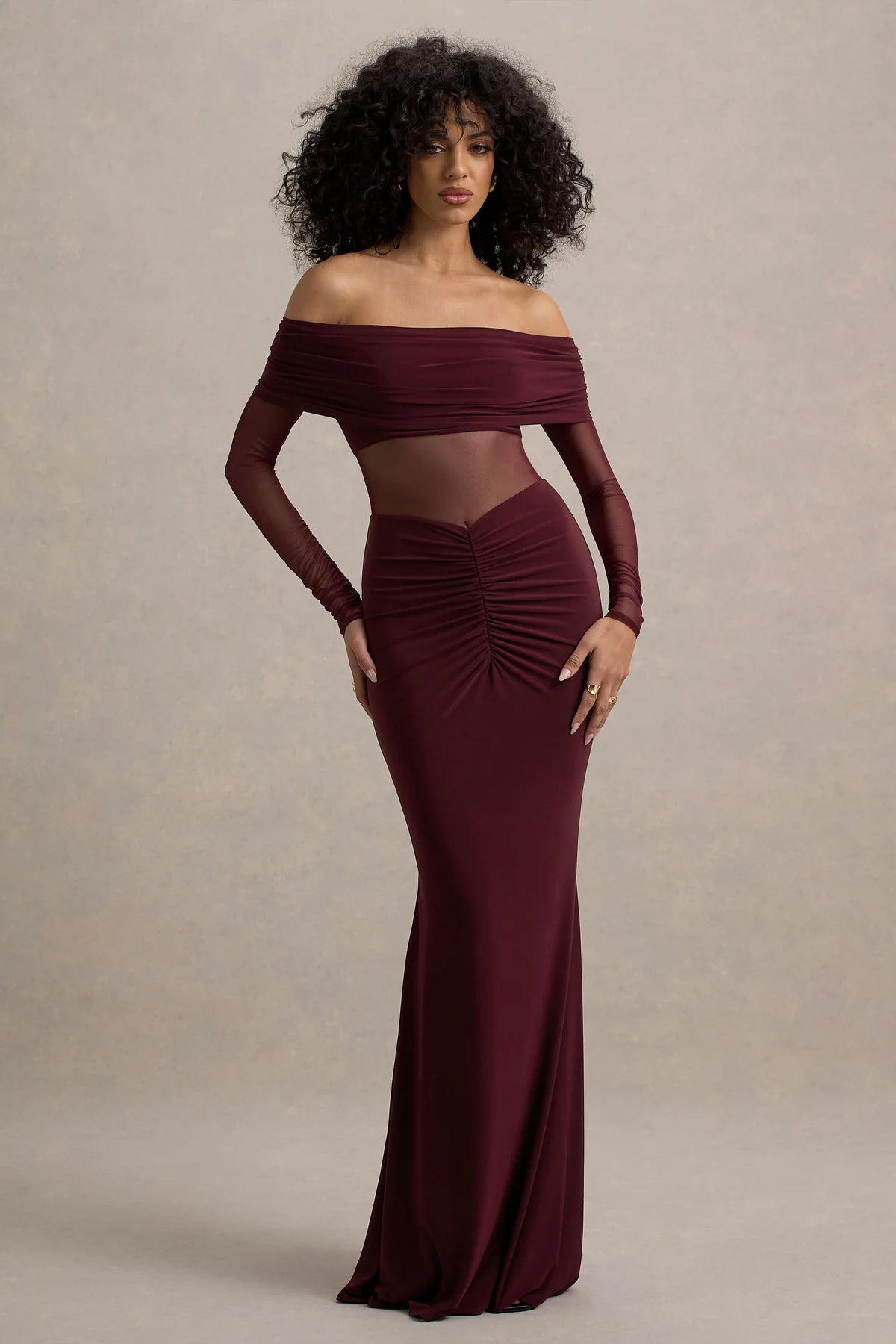 Burgundy Mesh Ruched Bardot Maxi Dress