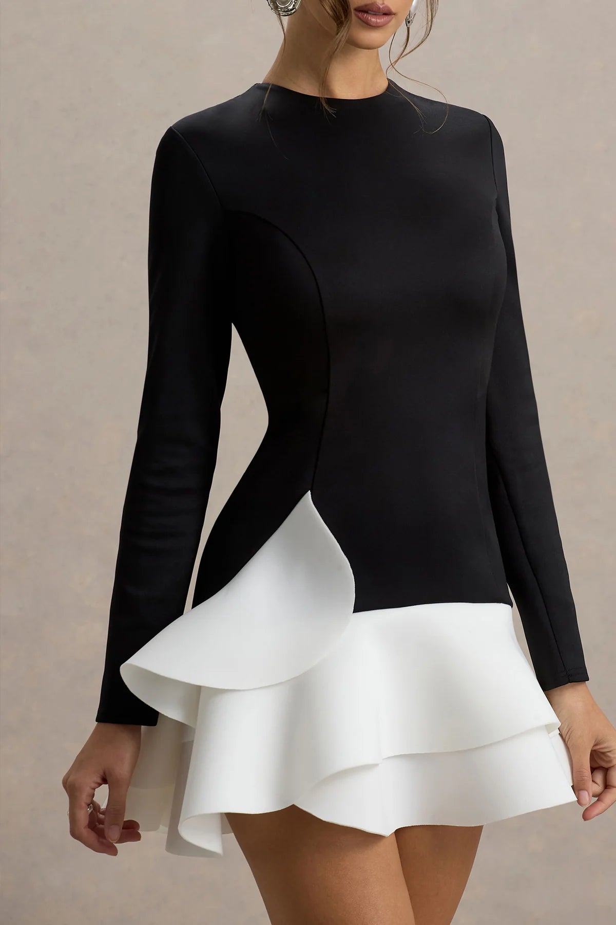 Black & White Long-Sleeve Mini Dress With Ruffle Hem