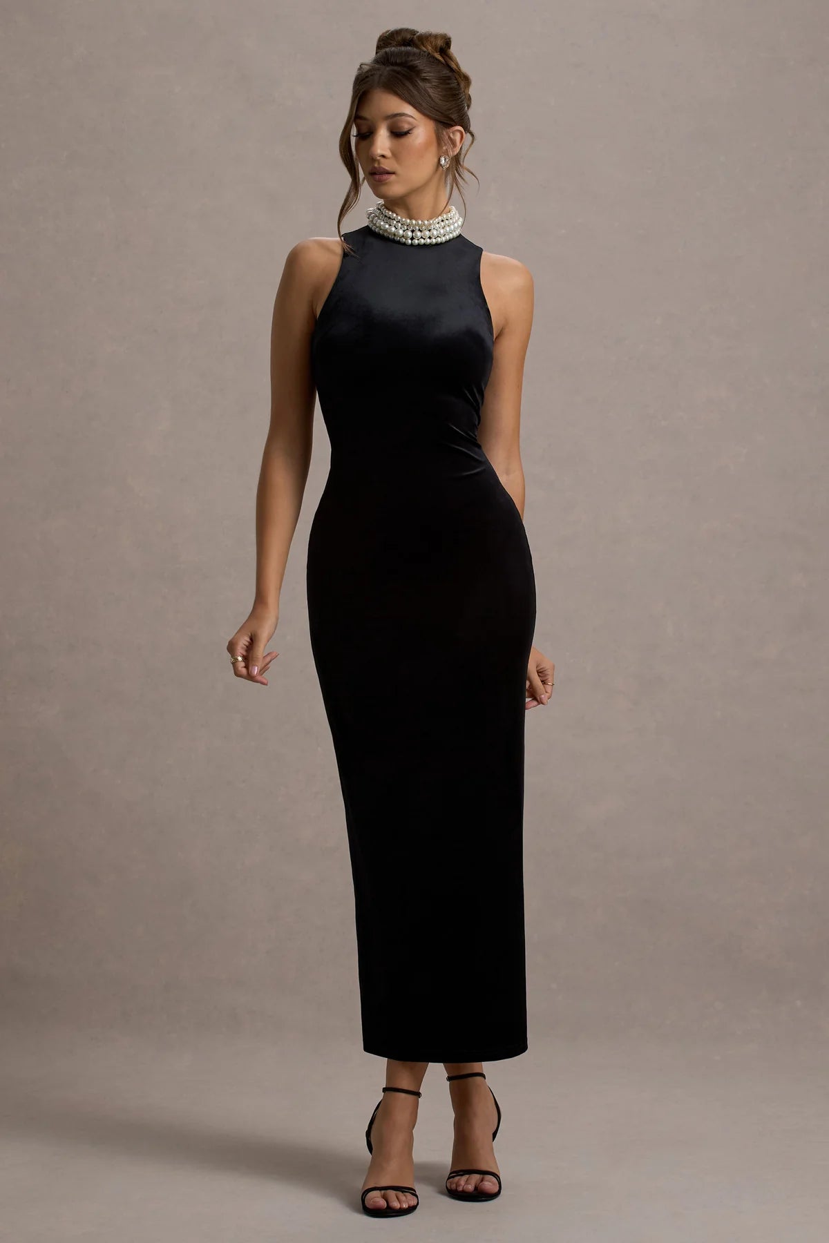 Black Velvet Embellished High-Neck Maxi Dress