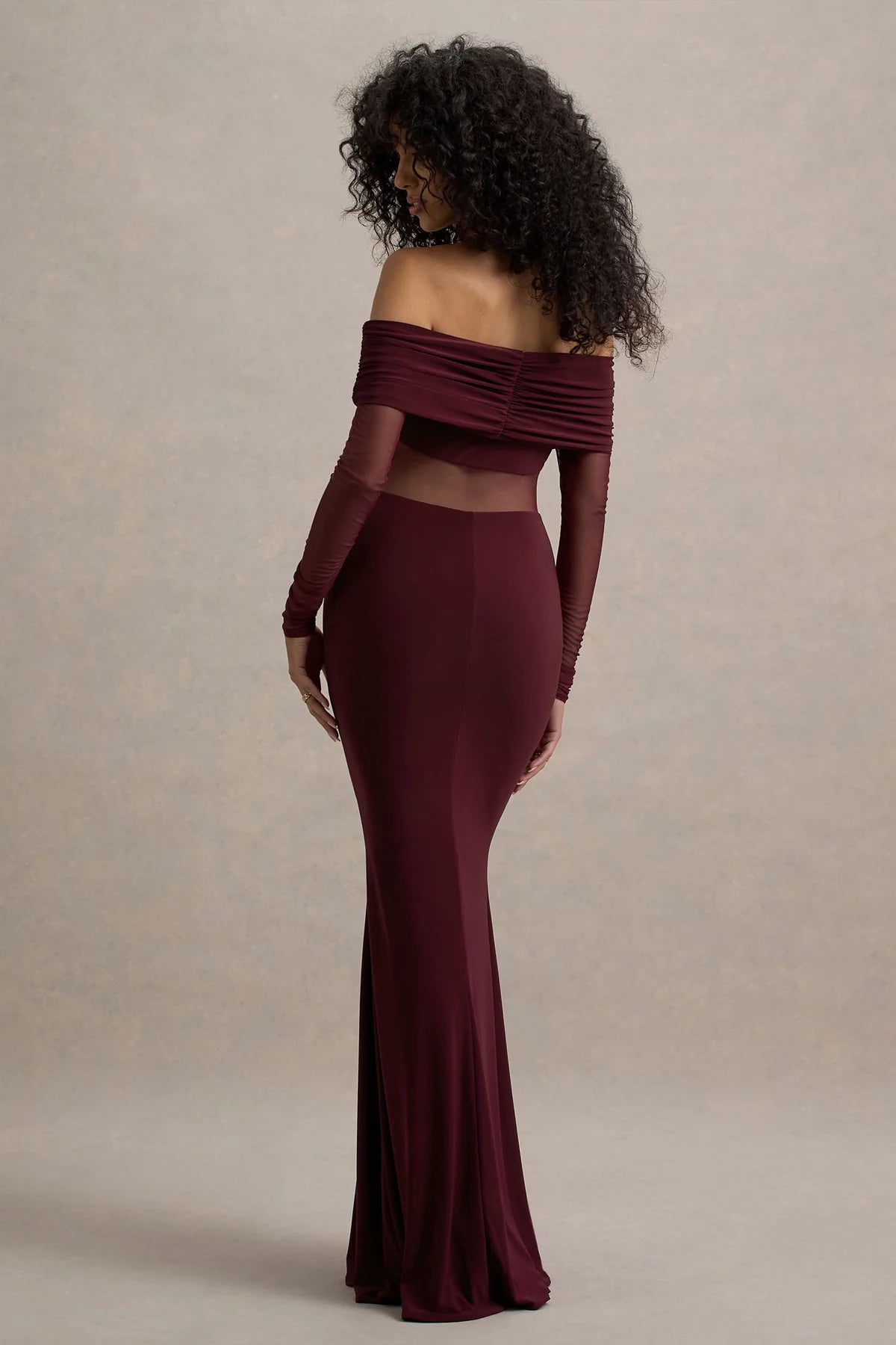 Burgundy Mesh Ruched Bardot Maxi Dress