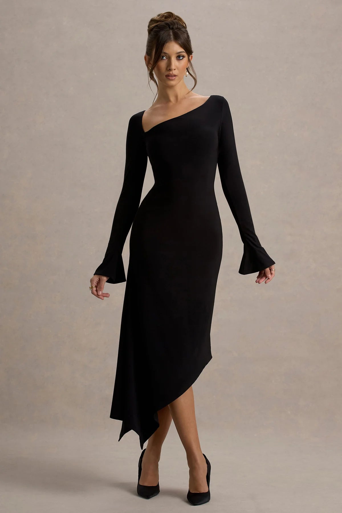 Asymmetric Long-Sleeve Midi Dress