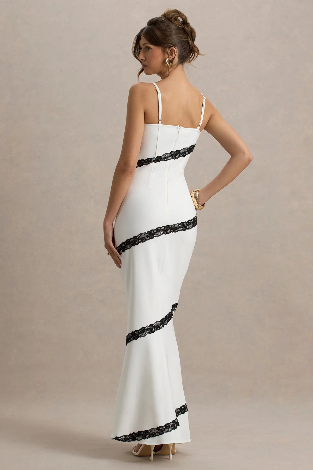 White & Black Strappy Lace-Trimmed Maxi Dressv