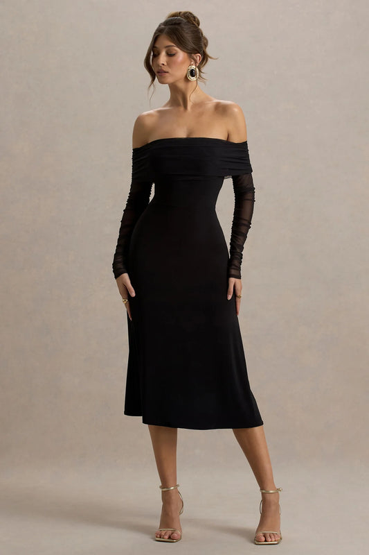 Black Bardot Midi Dress With Mesh Sleeves