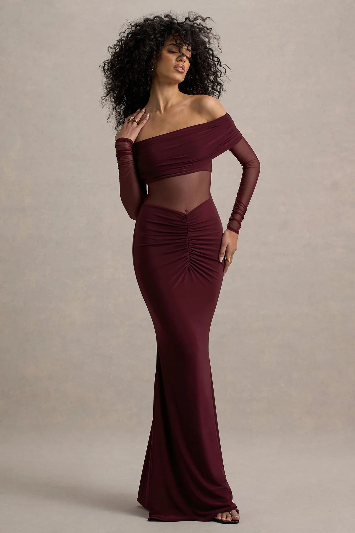 Burgundy Mesh Ruched Bardot Maxi Dress