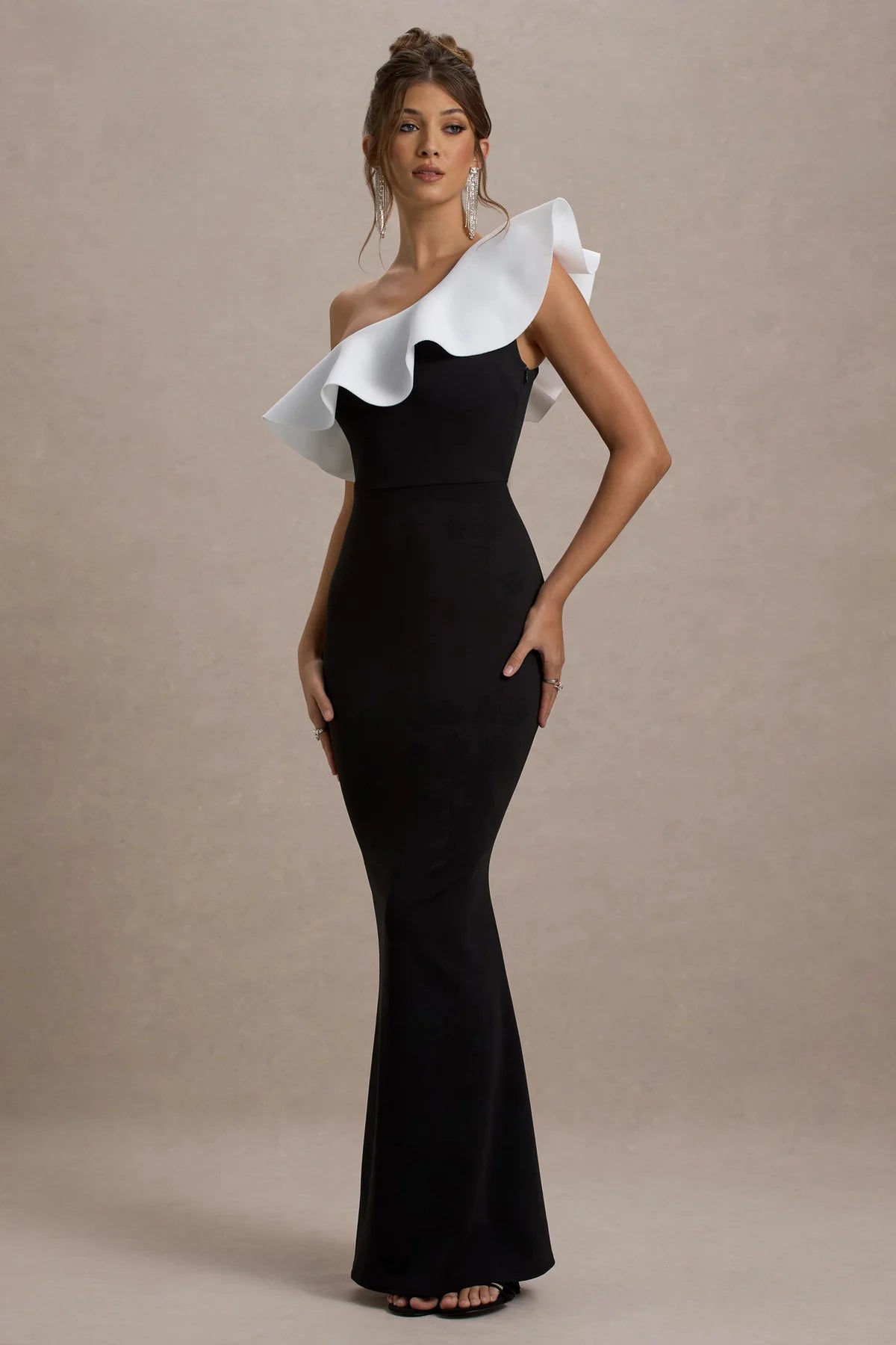 Black & White Ruffled One-Shoulder Maxi Dress