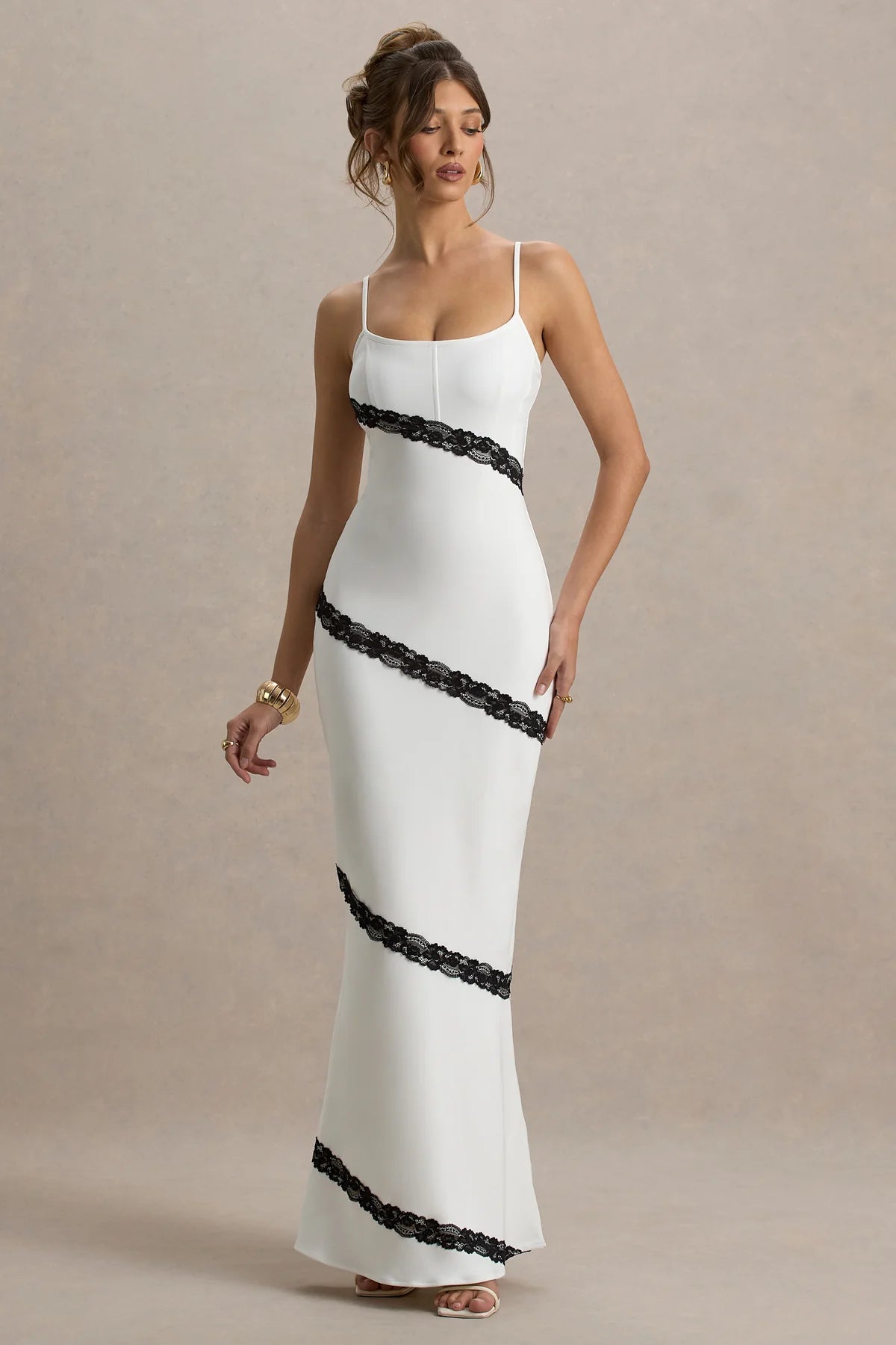White & Black Strappy Lace-Trimmed Maxi Dressv