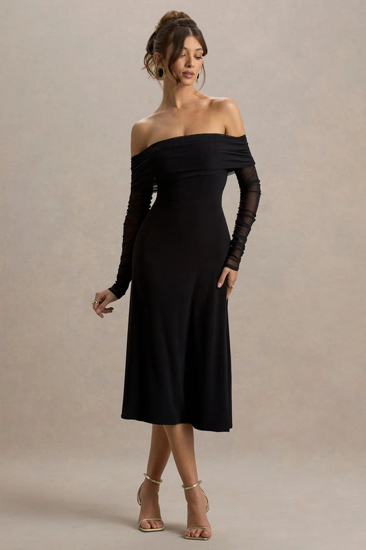 Black Bardot Midi Dress With Mesh Sleeves