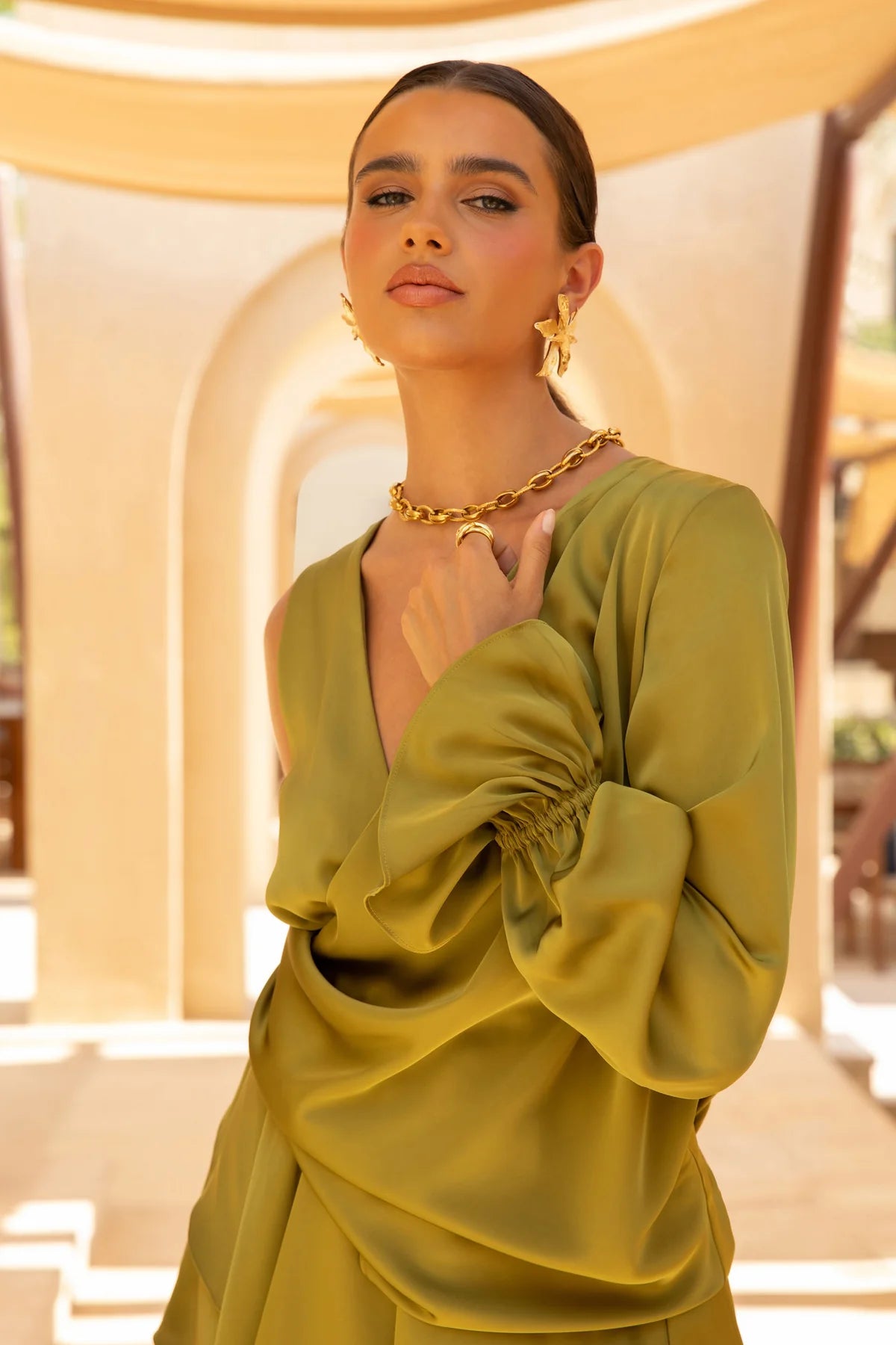 Olive Satin Plunge-Neck Micro-Mini Dress With Long Sleeve