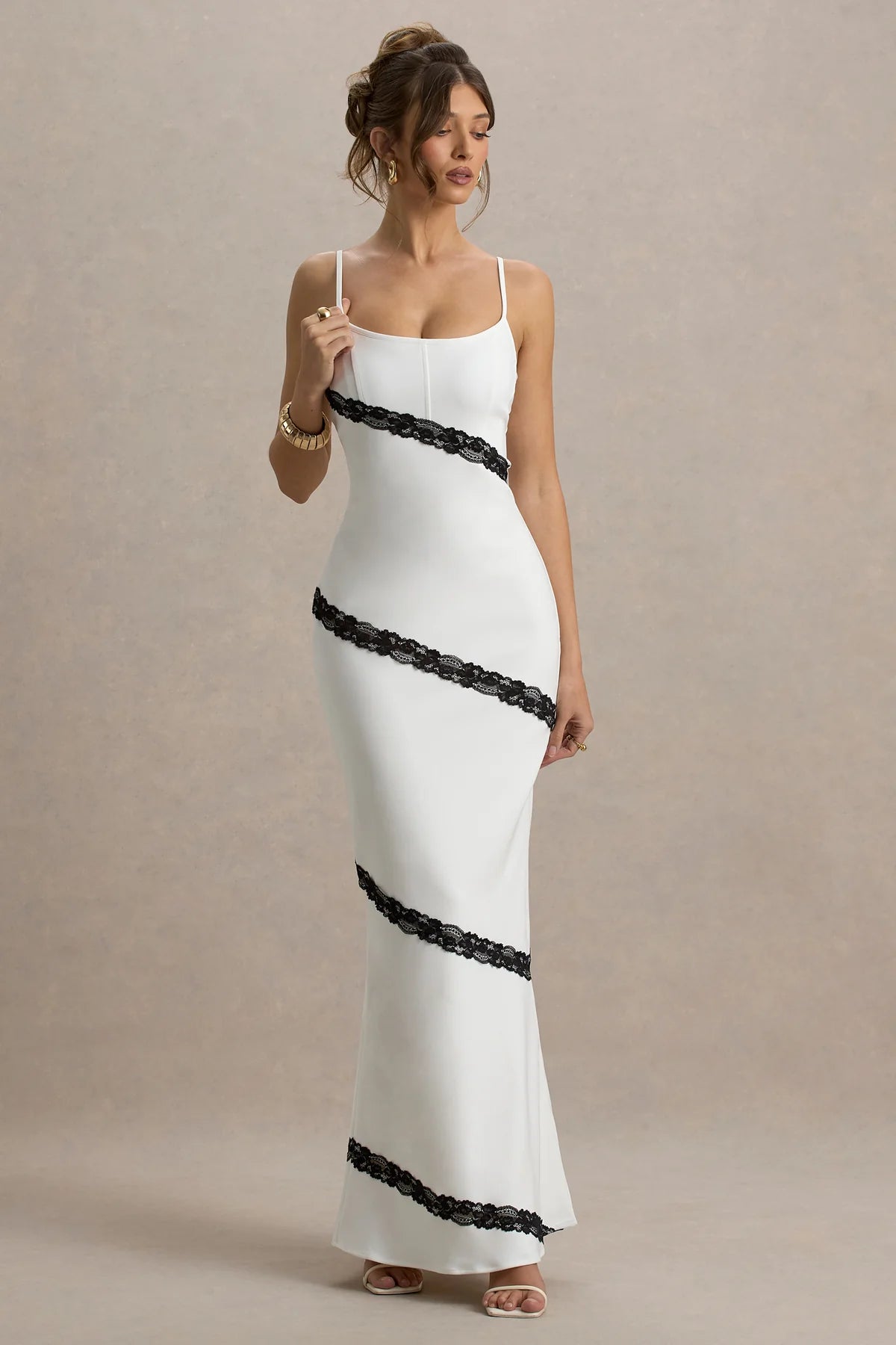 White & Black Strappy Lace-Trimmed Maxi Dressv