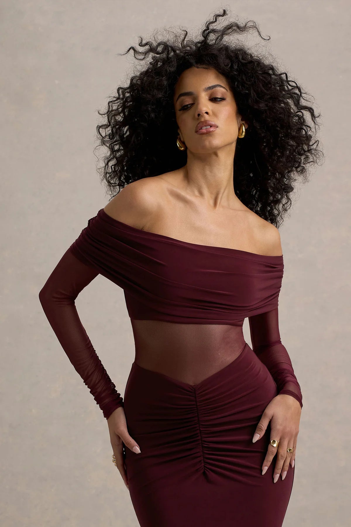 Burgundy Mesh Ruched Bardot Maxi Dress