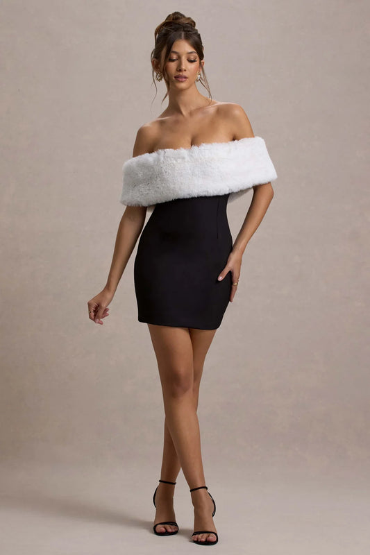 Black Bardot Mini Dress With White Fur Trim