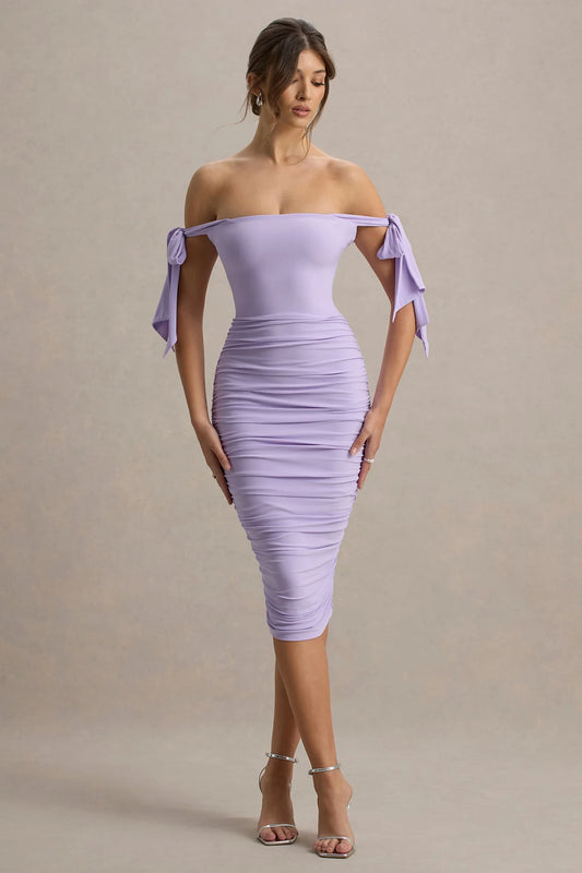 Bardot Bodycon Midi Dress With Bow Sleeves