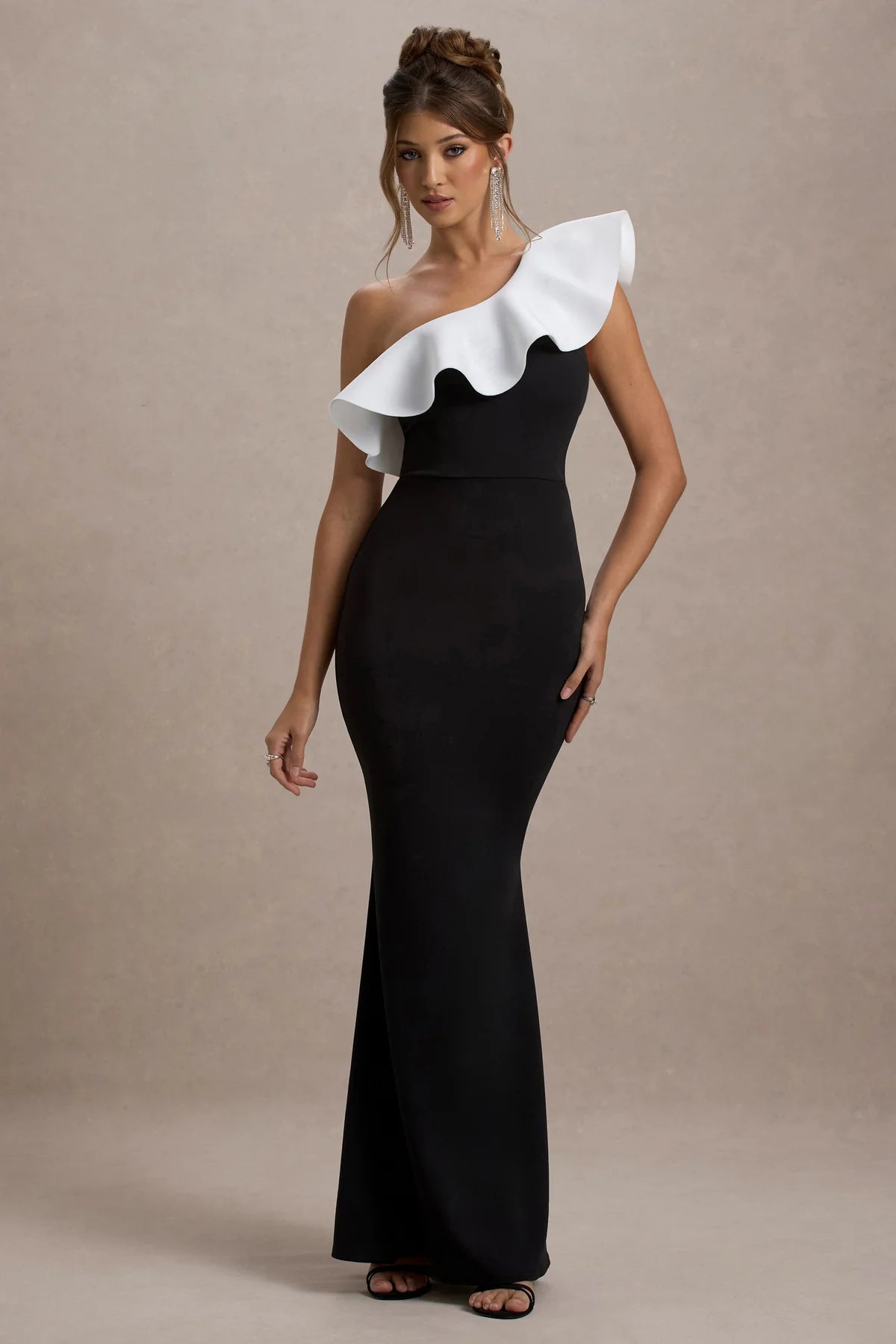Black & White Ruffled One-Shoulder Maxi Dress