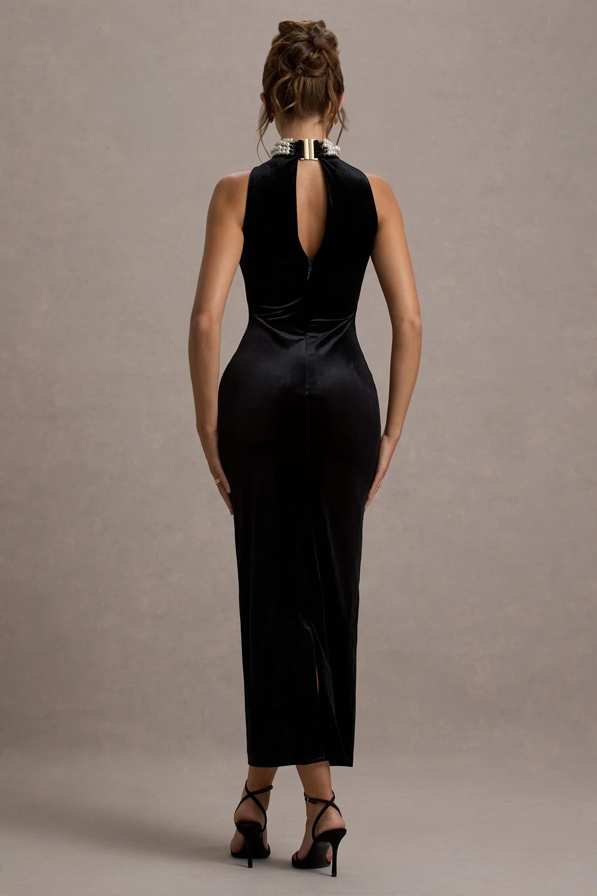 Black Velvet Embellished High-Neck Maxi Dress