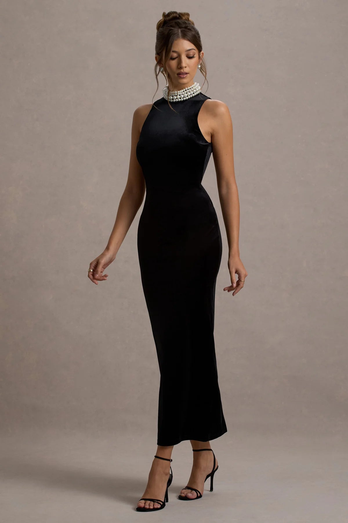Black Velvet Embellished High-Neck Maxi Dress